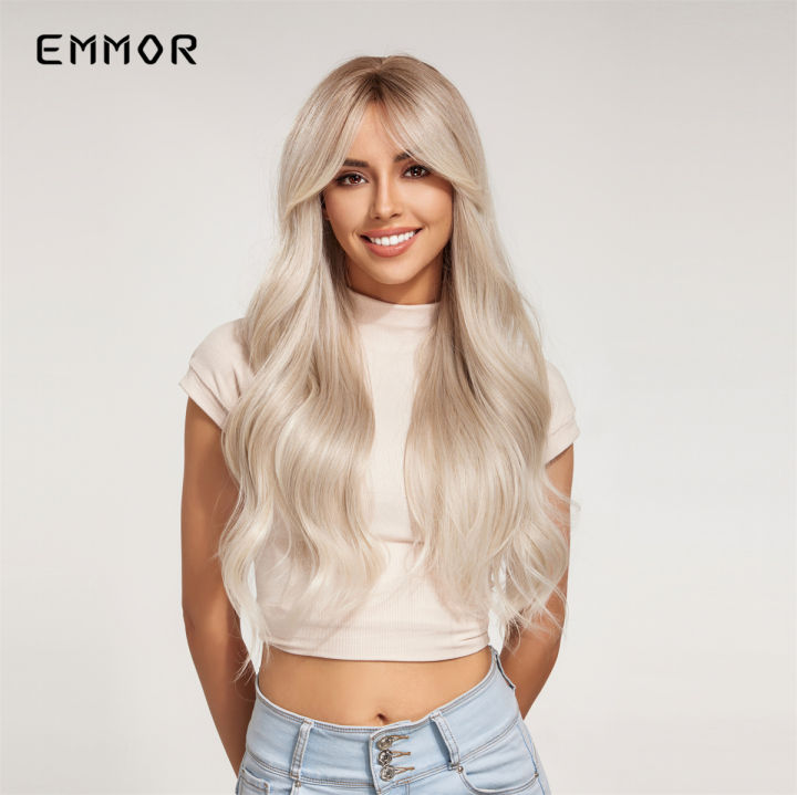 emmor-สีบลอนด์แพลทินัมผมสังเคราะห์วิกผมหยักยาวเรียบสำหรับผู้หญิงคอสเพลย์ที่มีคุณภาพสูงทนต่ออุณหภูมิ