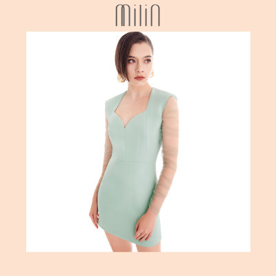 [MILIN] Sheer ruched mesh  long sleeve mini dress มินิเดรสแขนยาวผ้าตาข่ายโปร่ง Glaucus dress / Green , Black