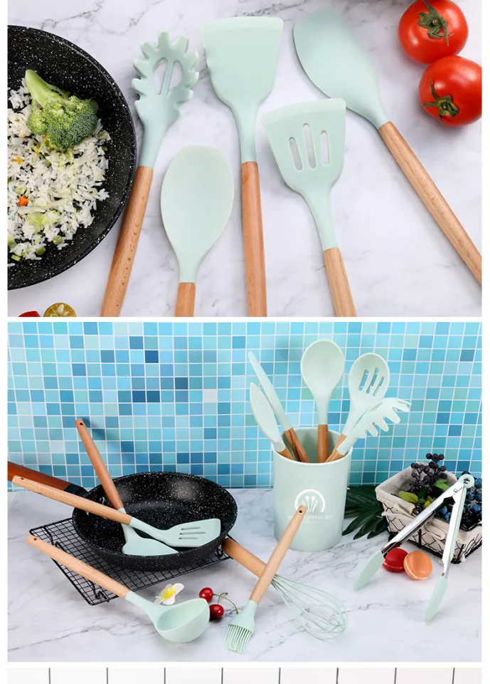 34pcs Silicone Cooking Utensils Set, 446f Heat Resistant Wooden Handle Cooking Kitchen Utensils Spatula Set with Holder for Nonstick Cookware