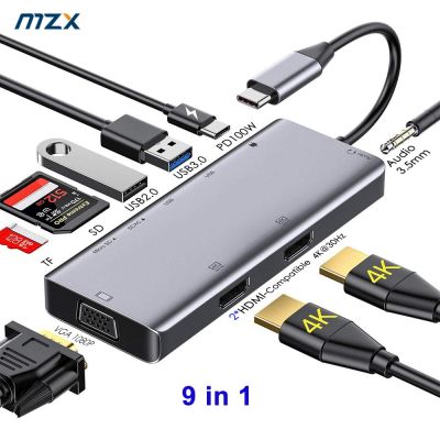 สายต่อขยายฮับ USB แท่นวางมือถือ MZX แบบ9-In-1 2 HDMI รองรับ VGA Tipo C Type PD100W Dock สำหรับ Macbook Mac แล็ปท็อปวินโดว์