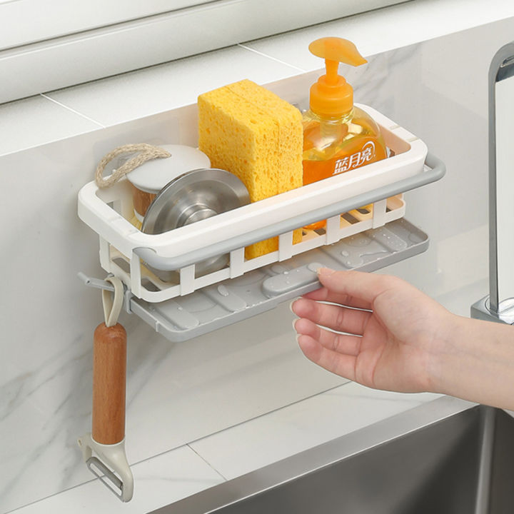 1pc Kitchen Sink Sponge Holder With Draining Rack Wall Mounted  Multifunctional Storage Shelf