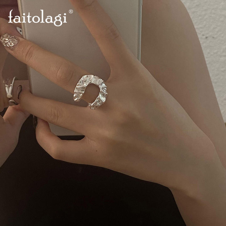 punk-hollow-u-รูปเปิดแหวนผู้หญิงฮิปฮอปเรียบง่ายเงินสีโลหะพับข้อมือแหวนเรขาคณิตบุคลิกภาพแหวนของขวัญ