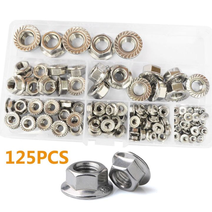 flange-nut-125pcs-flange-nut-assortment-kit-m3m4m5m6m8m10m12-304-stainless-steel-hex-head-flange-nuts-serrated-spinlock-lock-nut-nails-screws-fastene