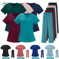 Women Scrubs Tops+pants Plug Size Medical Uniforms V-Neck Spa Uniforms Short Sleeve Nursing Workwear Veterinary Doctor Work Sets