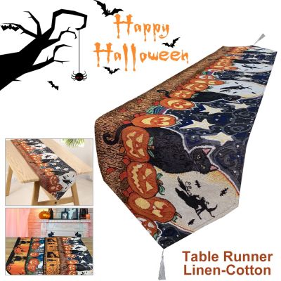 【LZ】❂✖♕  Halloween Decorations 180x33cm Table Runner Linen-Cotton Dining Table Runner Pumpkin Ghost for Indoor Outdoor Home Decoration