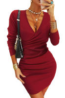 Red Surpliced V Neck Bodycon Ruched Long Sleeve Women Mini Dress Club Party Vestido Corto Mujer Cocktail Corset Roupas Feminina