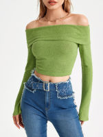 Cider Solid Off Shoulder Crop Top เสื้อปาดไหล่แขนยาวผู้หญิง เสื้อแฟชั่นผญ สไตล์เซ็กซี่