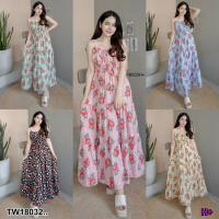 TT18032 เดรสสายเดี่ยวยาว ลายเชอร์รี่ .Long single strap dress, cherry pattern..