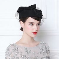 ﹍✟ Vintage French Wool Women Beret Winter Felt Hat With Bow Flat Top Hats Lady Stewardess Cap Fedoras Chapeau Femme Feutre