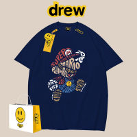 HGJ Drew เสื้อยืดแขนสั้นแบบหลวมแบรนด์เสื้อยืดเสื้อแขนสั้นลายการ์ตูนยิ้มสำหรับทั้งหญิงและชายยุโรปและอเมริกาบนคู่รักผ้าฝ้าย