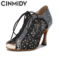 CINMIDY รองเท้าเต้นรำละตินของผู้หญิงด้วย Rhinestone ลูกไม้ตาข่ายสายบอลรูมพรรคประสิทธิภาพรองเท้าสีแดงผู้หญิงรองเท้าแต่งงาน