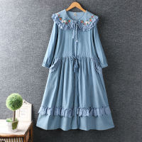 Sweet Embroidery Flower Autumn Corduroy Cotton Dresses for Women 2021 Single Breasted Casual Dress H2135