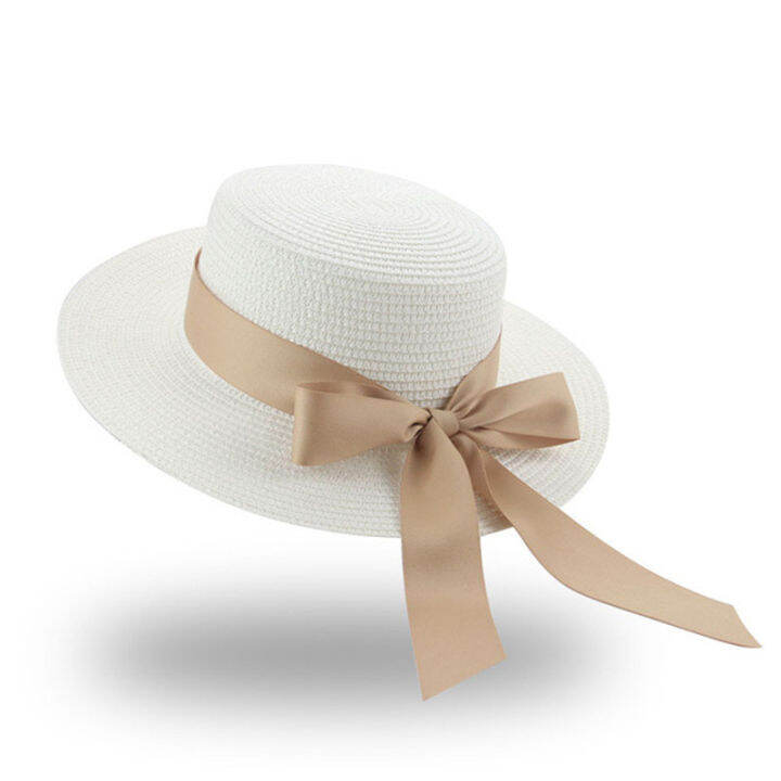 hot-summer-womens-french-flat-top-raffia-straw-hat-bow-umbrella-korean-version-fashion-beach-hat-travel-sun-hat-straw-hat