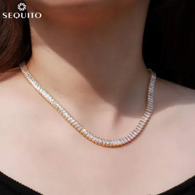 SEQUITO Bling Bling Rectangle Cubic Zirconia Silver Plated Women Fashion Classic Choker Necklace Simple Neck Jewelry SN023