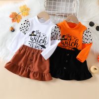 [COD] Childrens Clothing Dot Mesh Stitching Long-sleeved T-shirt Short Skirt Two-piece Set