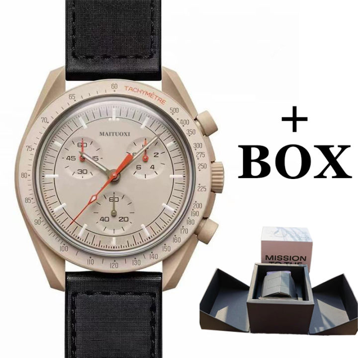 พร้อมกล่องดวงจันทร์นาฬิกาหรูหรา-quarz-นาฬิกาสำหรับผู้ชายไนล่อนปรอทนาฬิกา-เจมส์โทภารกิจดาวเสาร์ดาวเคราะห์นาฬิกาข้อมือ