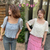 CiCi Plus+(3115)plus-size เสื้อครอปแขนสั้น สีพื้น มีสม็อค ผ้าเบาสบาย ใส่แล้วเข้ารูปพอดีตัว