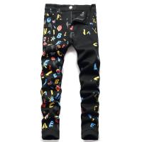 Graffiti Design Fashion Artistic Black Male Denim Jean Elastic Multicolor Letter Trendy Long Trousers Homme Casual Men Pants