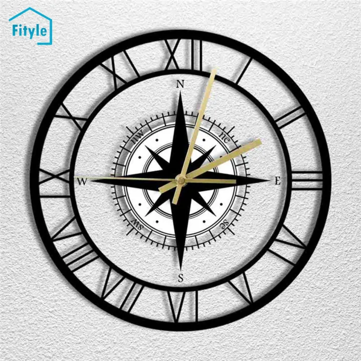 Fityle Compass Direction Wall Clock Acrylic Silent Wall Watch 12 inch Decorative Round Clocks