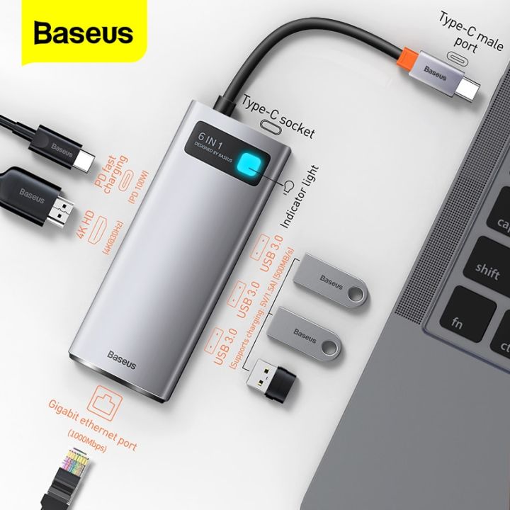 baseus-อุปกรณ์แยกแท่นวางมือถืออีเธอร์เน็ตสำหรับศูนย์กลางสำหรับ-macbook-โปรแอร์เมอร์-usb-ซี-usb-ฮับ-usb-3-0-3-0-type-c-ฮับเครือข่ายโปรแอร์เฟสส์-pro-7-usb-อีเธอร์เน็ต