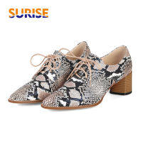 ขนาดใหญ่ Snakeskin ผู้หญิงปั๊มรองเท้าส้นสูง Derby สีแดงด้านล่างชี้ Toe Brogues สีขาวสีน้ำตาลชุดลำลอง Lace-Up Lady รองเท้า