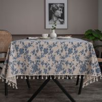 Morris8 Retro Blue Flower Printed Cotton Linen Tablecloth With Tassel For Dinning Table Home Outdoor Picnic Cloth Coffee Cover