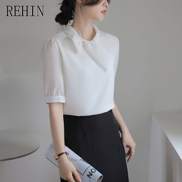 rehin-เสื้อผู้หญิงแขนสั้นหลวมสไตล์นางฟ้าฝรั่งเศสอินเทรนด์2023ฤดูร้อนใหม่เสื้ออเนกประสงค์มีโบว์ผีเสื้อ