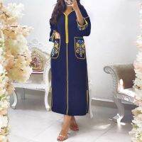 ZZOOI Dark Blue Long Women Dress with Floral Print Pockets V-Neck Zipper Summer Sundress Sexy Side Split Long Sleeve Plus Size Vestido