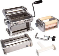 CucinaPro Pasta Maker Deluxe Set 5 Piece Steel Machine with Spaghetti Fettuccini Roller, Angel Hair, Ravioli Noodle, Lasagnette Cutter Attachments, Includes Hand Crank, Counter Top Clamp &amp; Cleaning Brush