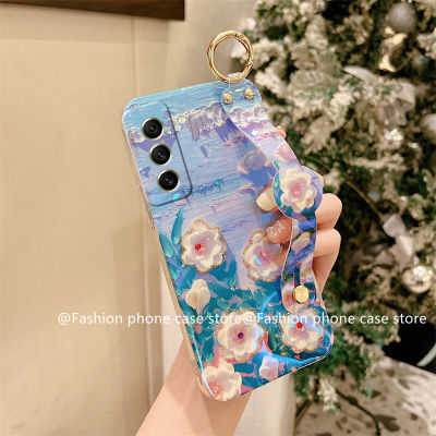 Phone Case เคส Samsung Galaxy S23 Ultra S23 + Plus 5G Casing New Luxurious Vintage Blu-ray Rhinestone Camellia Flowers Soft Cover with Wriststrap 2023