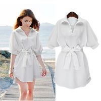 white red black V-neck women shirt dress korean short sleeve casual mini dress