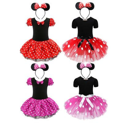 Baby Girls Ballet Tutu Dress Summer Kids Bow Dots Dress Headband Cartoon Mouse Costume Children Christmas Birthday Party Clothes