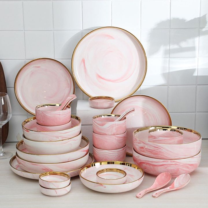 Tje Home Pink Nordic Marble Series Luxury Set Ceramic Tableware Dinnerware  Set Gold Rim Dinner Plate / Bowl / Spoon | Lazada