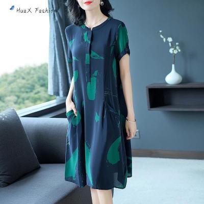 HuaX Women Large Size Dress Round Neck Short Sleeves Mid-Length Skirt Fashion Printing Loose Dress