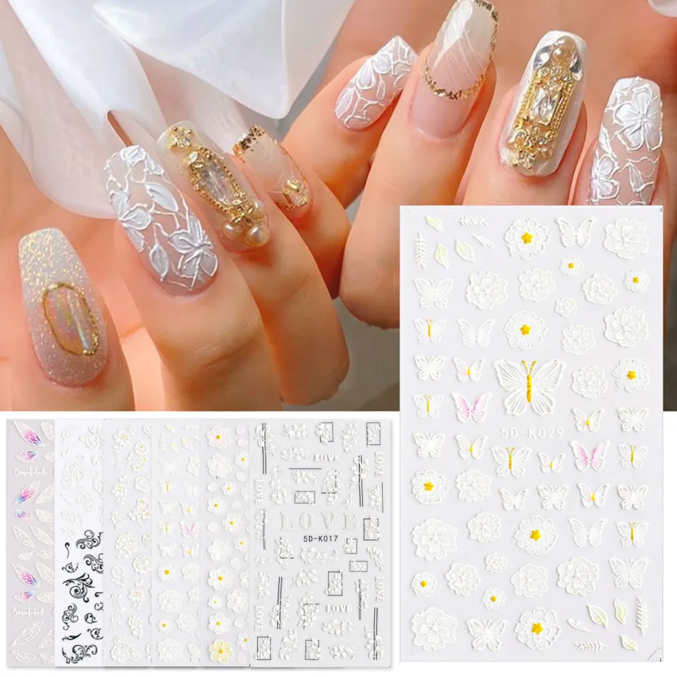 5D Stereoscopic Embossed Flowers Nail Stickers Decals, Real 3D  Self-Adhesive Nail Supplies White Lace Rose Flower Nail Design For DIY  Acrylic Nail Nail 3d Charms