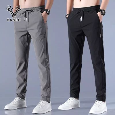 ▧ HANLU กางเกงขายาวผู้ชาย กางเกงลำลองขาตรงผ้าไหมน้ำแข็งระบายอากาศได้ดีและหลวม สีที่เป็นของแข็ง แฟชั่นเกาหลี