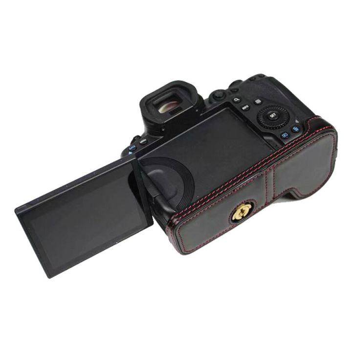 pu-leather-camera-bag-case-for-canon-eos-r5-r6-dslr-protective-half-body-cover-with-battery-opening