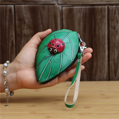 Leather Handmade Creative Leaves Seven Star Ladybug Mini Coin Purse Leather Card Key Case Clutch Clutch Clutch