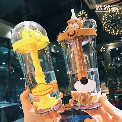 Creative Plastic Water Cup Cartoon Little Yellow Duck Cute Childrens Straw Water Pot Travel Camping Portable Portable Water Cup