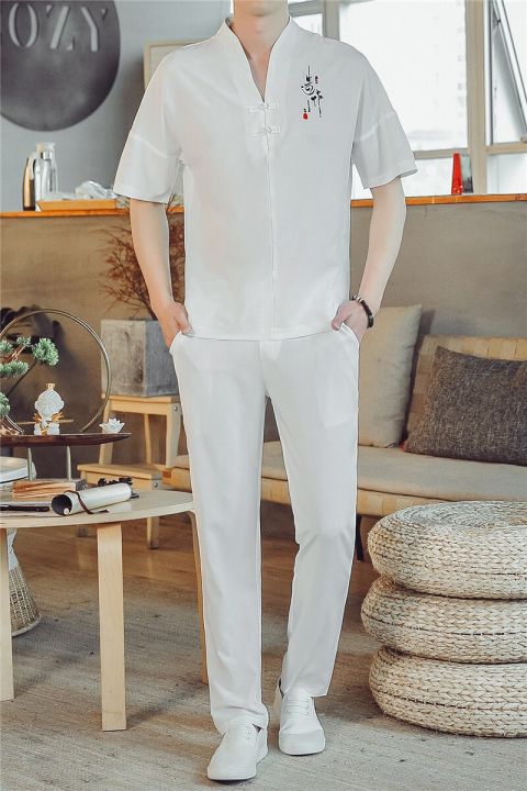 กางเกงยีนส์-เสื้อเชิ๊ตชาย2023ฤดูร้อนแฟชั่นเสื้อเชิ้ตผู้ชายชุดแขนสั้นฝ้ายลินินอังกฤษขนาด-m-ถึง5-xl