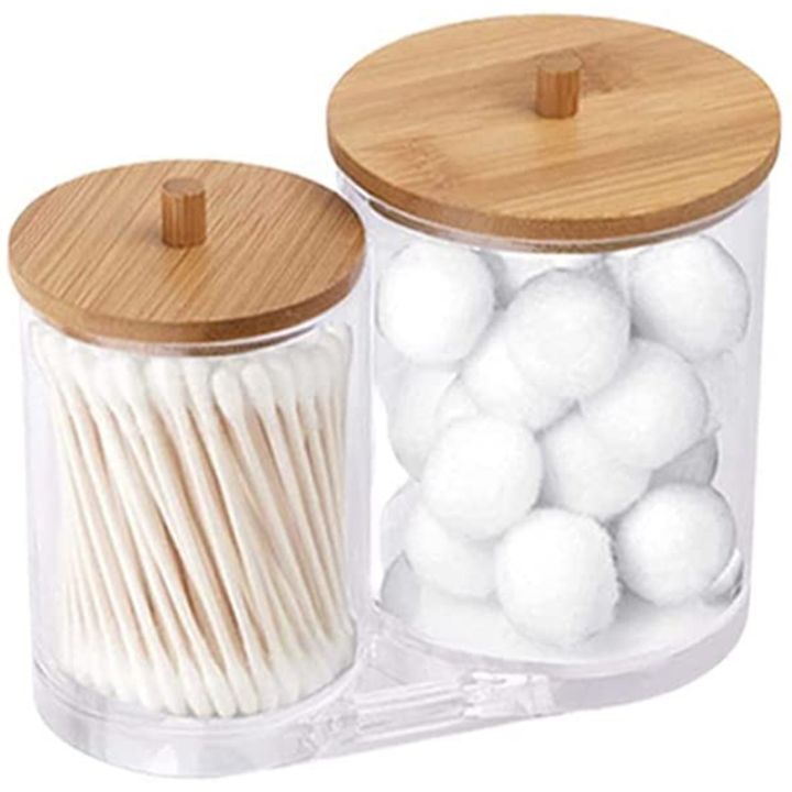 Cotton Swab Pads Holder with Bamboo Lids, Acrylic Qtip Holder Cotton