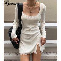 ▤❈ Rockmore Split Lace Sexy Mini Dress Women Transparent Long Sleeve Bodycon Square Collar Above Knee Dresses Party Dress Vedtidos