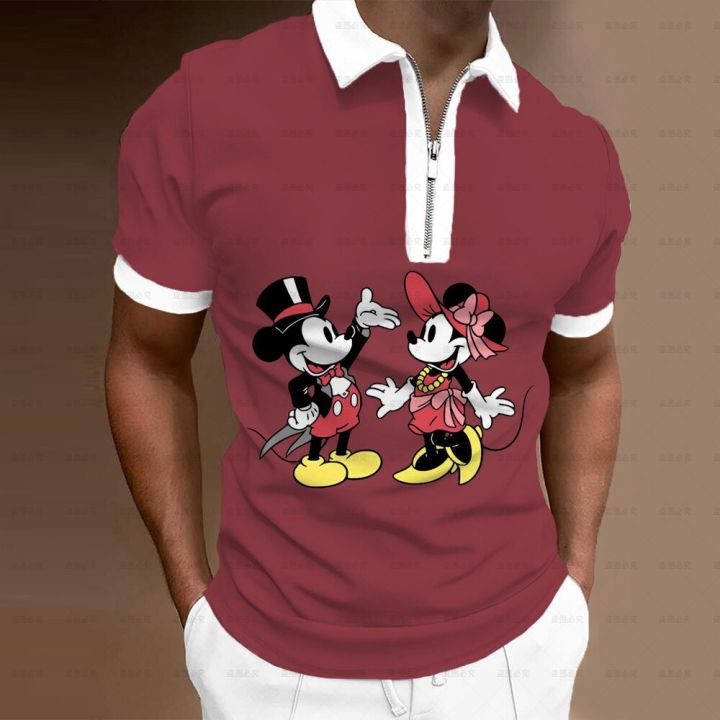 เสื้อโปโลฤดูร้อนเสื้อโปโลผู้ชาย-เสื้อยืดลายลำลองแขนสั้น-mickey-3d-แนวสตรีทเสื้อโปโลมีปกมีซิป