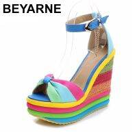 BEYARNE sandals platform sandals wedge sandals summer Bohemian Color block high heels with ankle strap sandal woman braided str