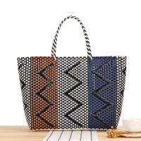 ♔ The new striped PVC woven bag personalized hand carry vegetable basket shopping bag Mori beach leisure bag