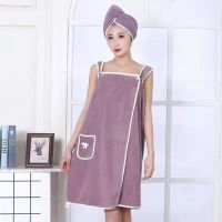 Coral Fleece Bath Dress Wearable Towel Hair Drying Cap Quick-Dry Cute Bow Pocket Suspenders Soft Wrap Chest for Women Girls Towels