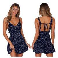 【Ladies shop】 Women Polka DotSummer Sexyup Backless ShortDeep V Neck Ladies Spaghetti StrapA Line Sundress