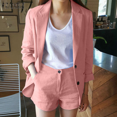 (จัดส่งฟรี)Fancystyle ZANZEA ชุด2ชิ้นสำหรับผู้หญิงสไตล์เกาหลี OL Lapel Neck Long Sleeve Blazer Coat Plain Shorts Suit #10