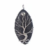 KFT Natural Black Lava Stone Horse Eye Shape Wire Wrapped Tree of Life Chakra Points Reiki Stone Pendant Jewelry For Women Men