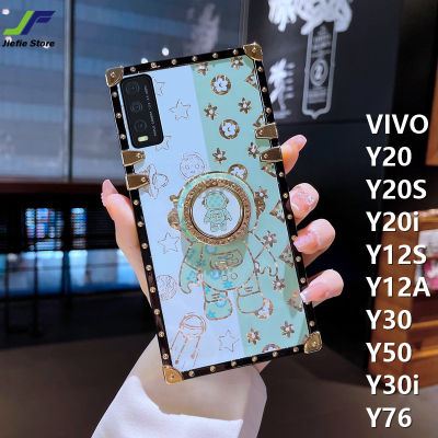 JieFie โทรศัพท์สำหรับ VIVO Y20 / Y20S / Y12S / Y12A / Y20i / Y30 / Y50 / Y30i/Y76สร้างสรรค์นักบินอวกาศดอกไม้ Colorblock กรณี Chrome เงา Soft TPU + ขาตั้งแหวน